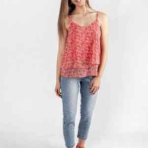 Top femme corail imprimé fleuri à fines brides