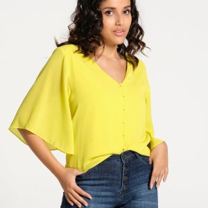 Chemisier femme fluide manches 3/4 jaune avec boutons