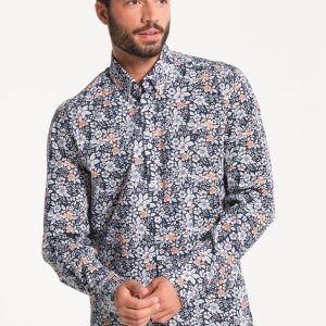 Chemise homme bleue avec imprimé floral rose