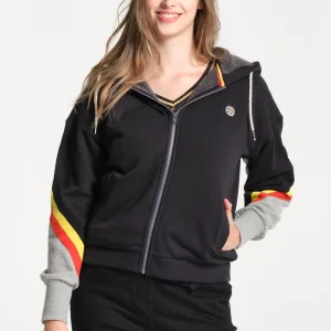 Sweatshirt femme noir zippé avec capuche et finitions noires, jaunes et rouges