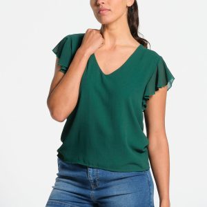 Top femme vert col V, manches à volants