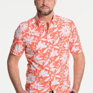 Chemise homme orange à fleurs blanches