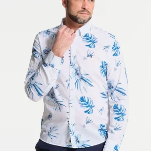 Chemise homme blanche et fleurs bleues