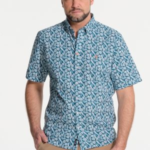 Chemise homme manches courtes bleue et feuilles