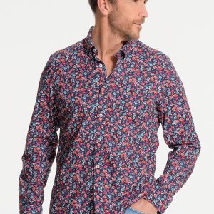 Chemise homme bleue et végétaux rouges-orangés