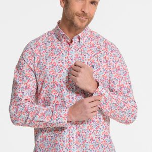 Chemise homme blanche avec fleurs rouges-orangées