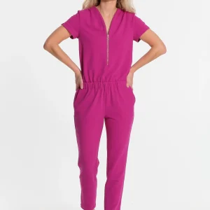 Combinaison longue rose élastiquée avec tirette