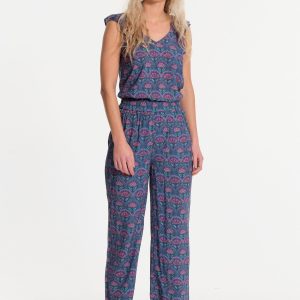 Pantalon bleu coupe évasée avec motifs