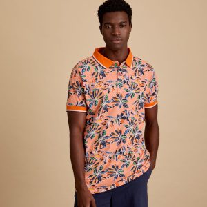 Polo homme orange avec motif végétal