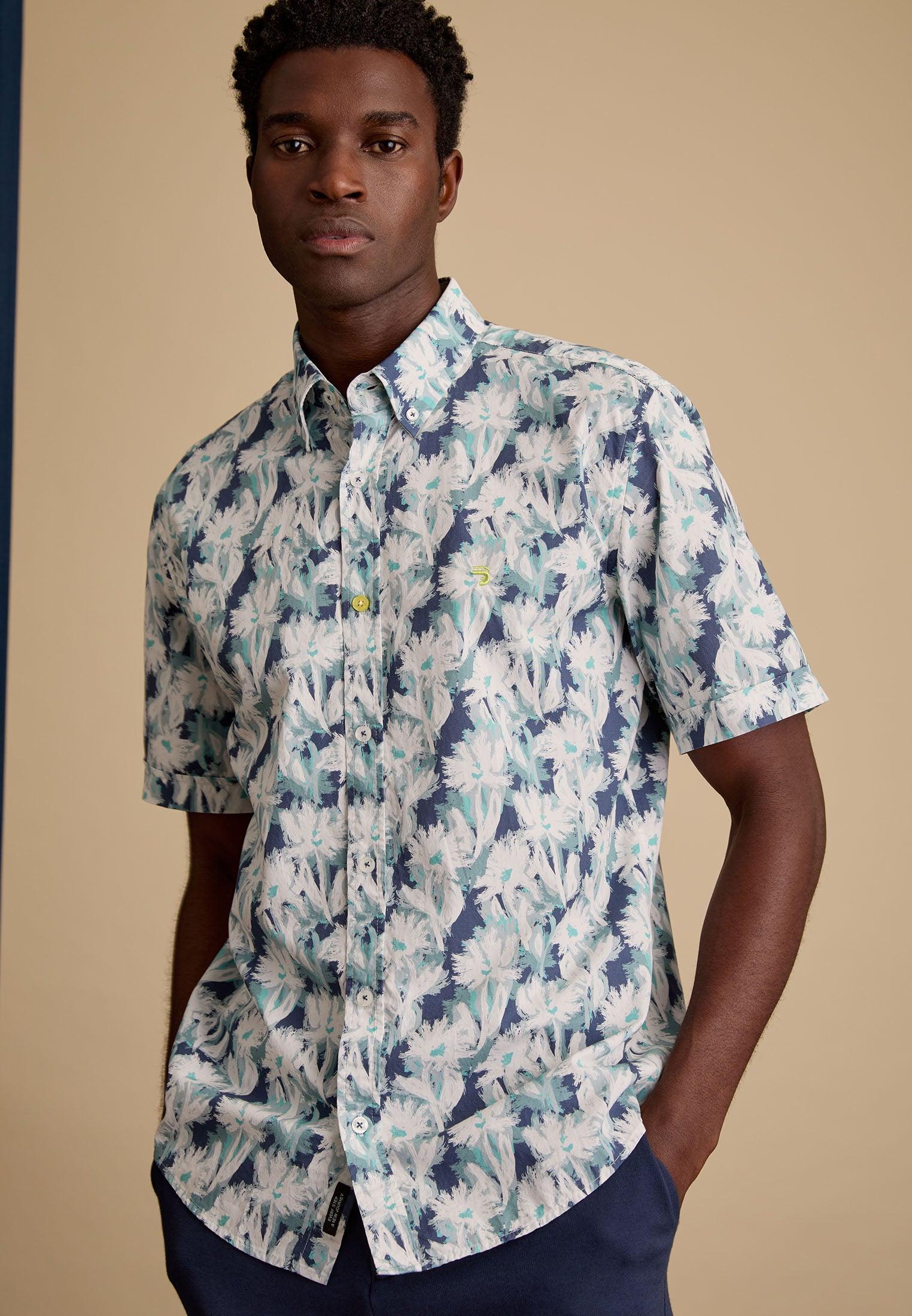 Chemise homme blanche courtes manches motif fleuris