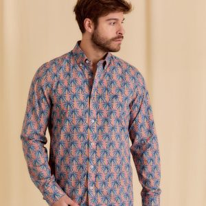 Chemise homme bordeaux longues manches avec motifs palmiers