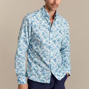 Chemise homme blanche et bleue longues manches avec motif végétal