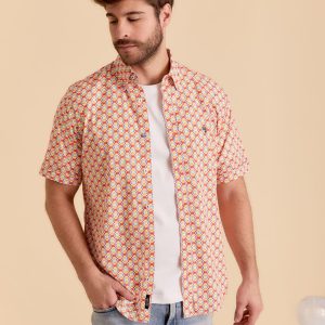 Chemise homme orange courtes manches à motifs géométriques