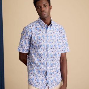 Chemise homme bleue courtes manches motif végétal