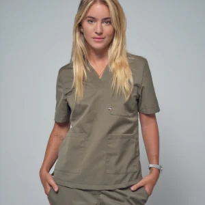 Blouse femme à trois poches et col en V kaki Gaia