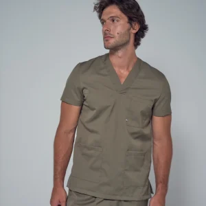 Blouse homme à trois poches et col en V kaki Hermès