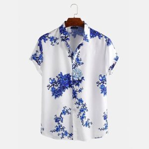 Chemise à manches courtes à fleur pour hommes bleu