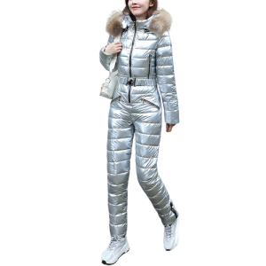 Combinaison de ski femme ajustée avec ceinture et col fourrure