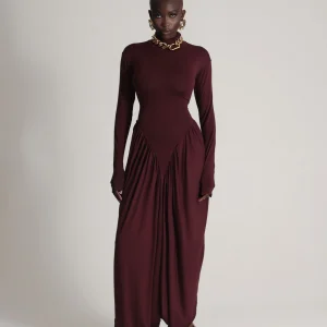 DRAPED JERSEY DRESS IN BURGUNDY