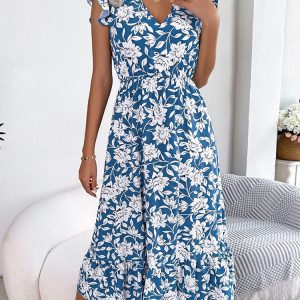 Longue robe imprimée à col en V pour femme bleue