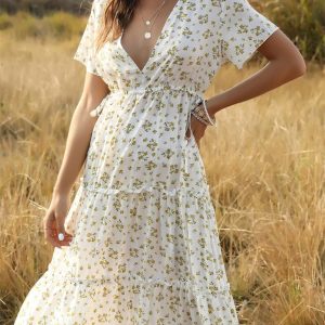 Robe à fleurs longue à volants pour femme blanche