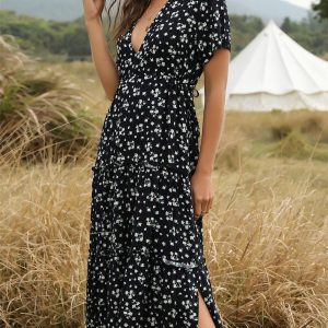 Robe à fleurs longue à volants pour femme