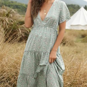 Robe à fleurs longue à volants pour femme vert