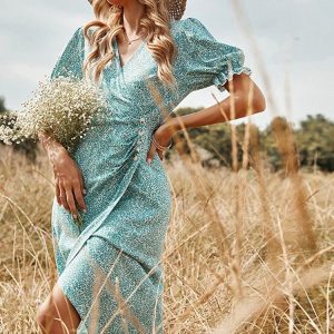 Robe imprimée fleurie plissée à col en V pour femmes