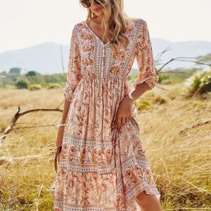 Robe longue à fleurs style bohémien pour femmes col en V